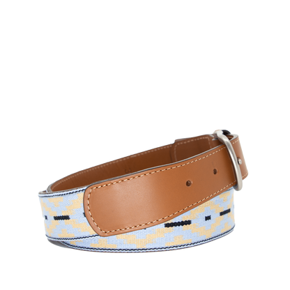 A brown leather belt with a light blue and beige woven pattern and metal nickle buckle.