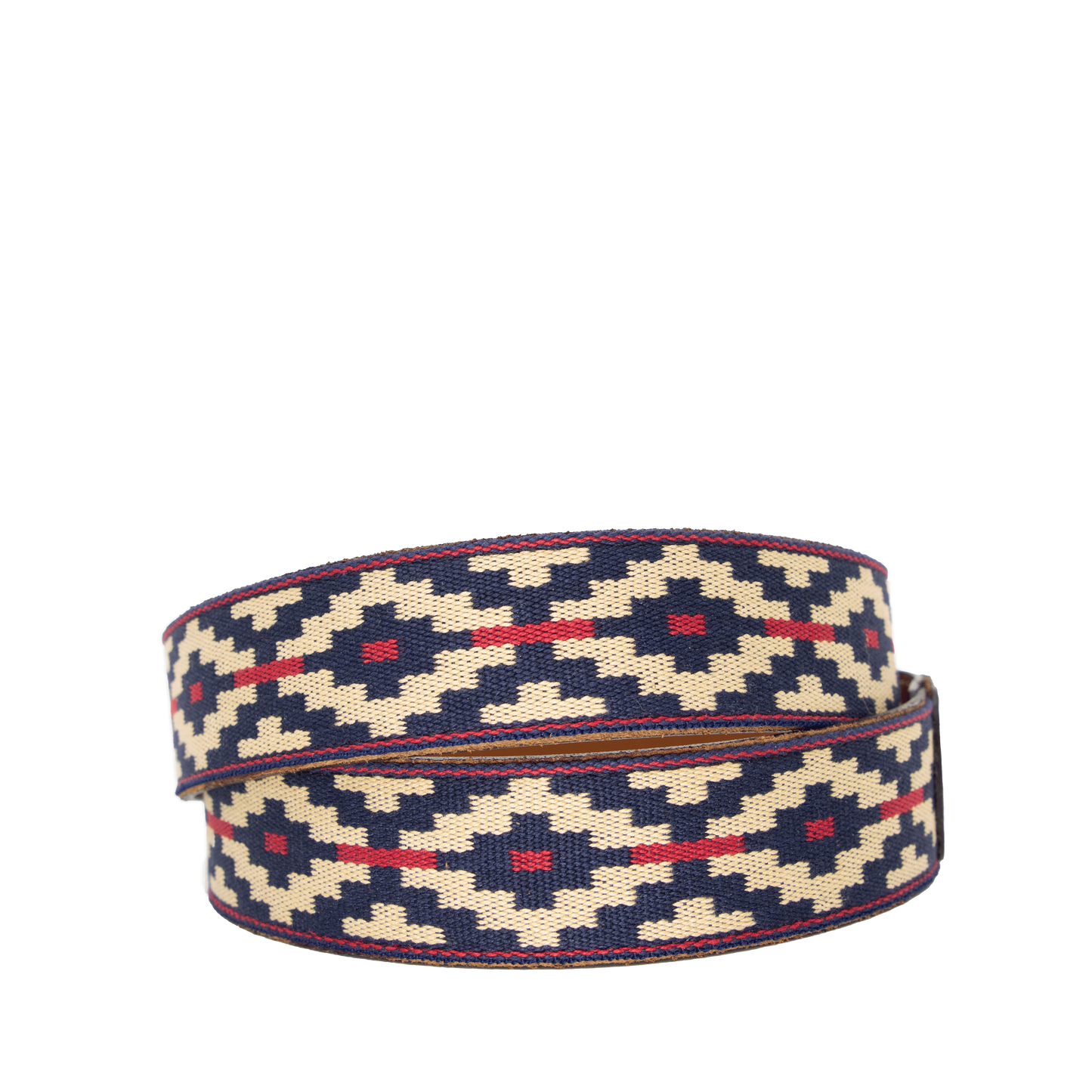 A cognac brown leather belt with a navy, kahki and red woven geometric pattern and solid brass buckle.