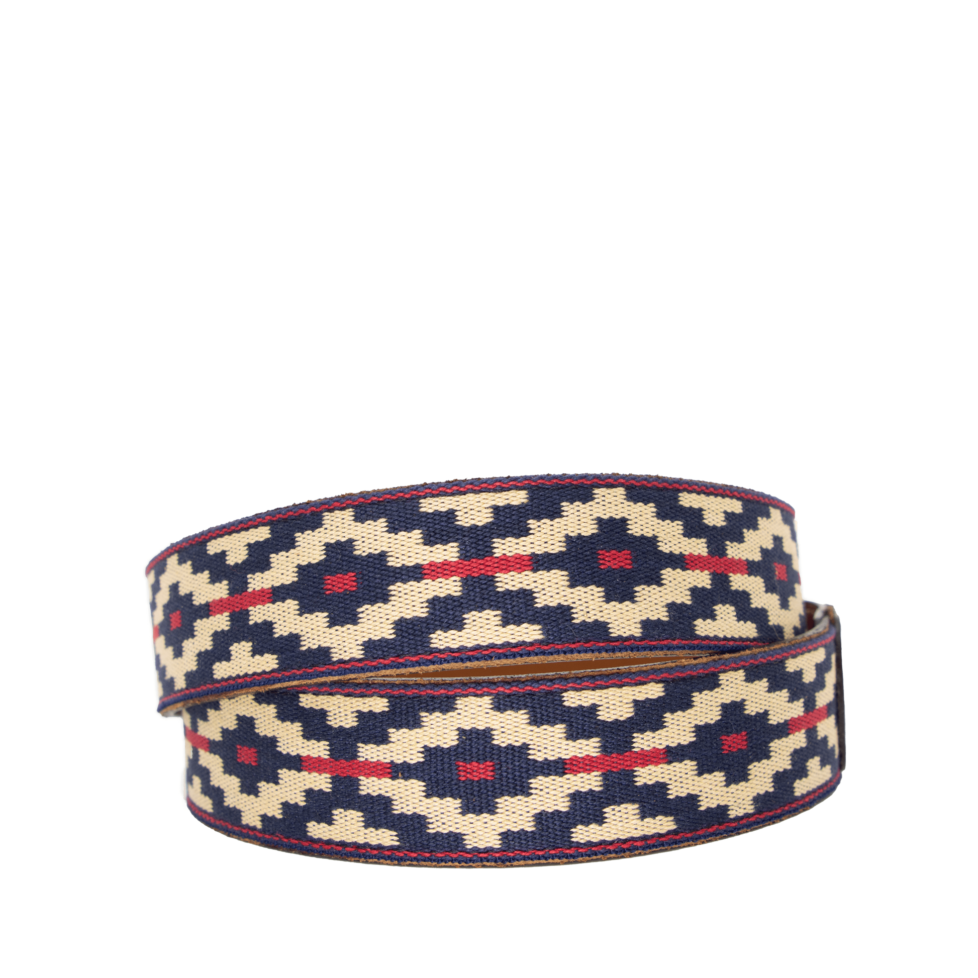 A cognac brown leather belt with a navy, kahki and red woven geometric pattern and solid brass buckle.