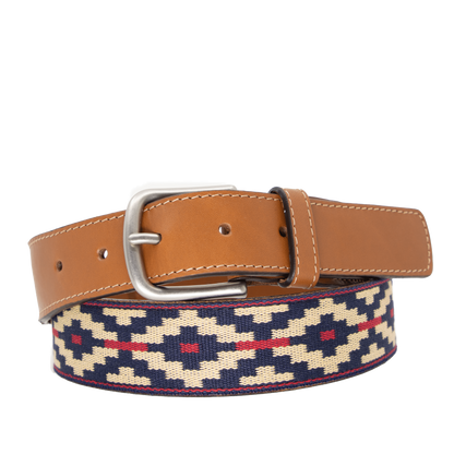 A cognac brown leather belt with a navy, kahki and red woven geometric pattern and solid brass buckle.