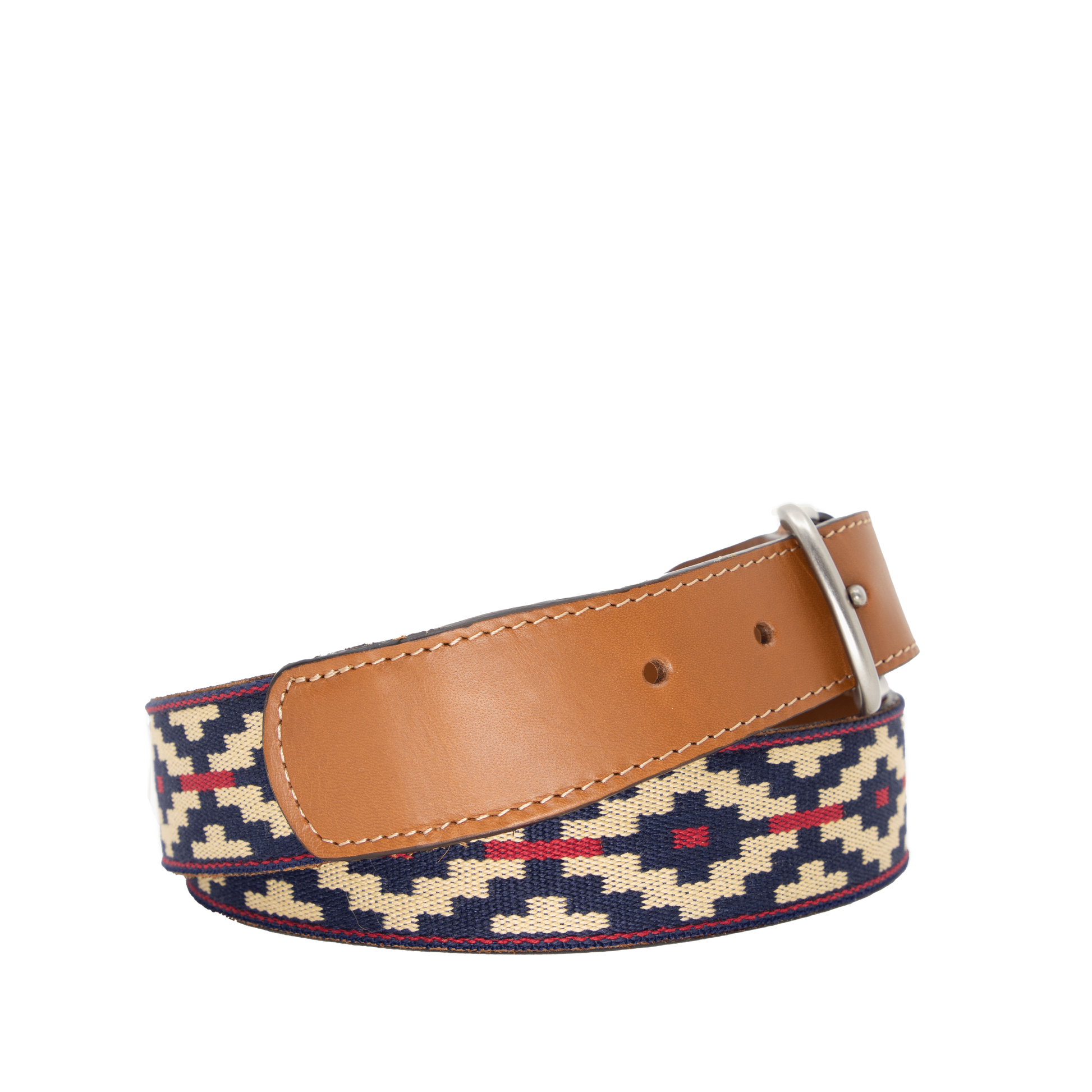 A cognac brown leather belt with a navy, kahki and red woven geometric pattern and solid brass buckle.