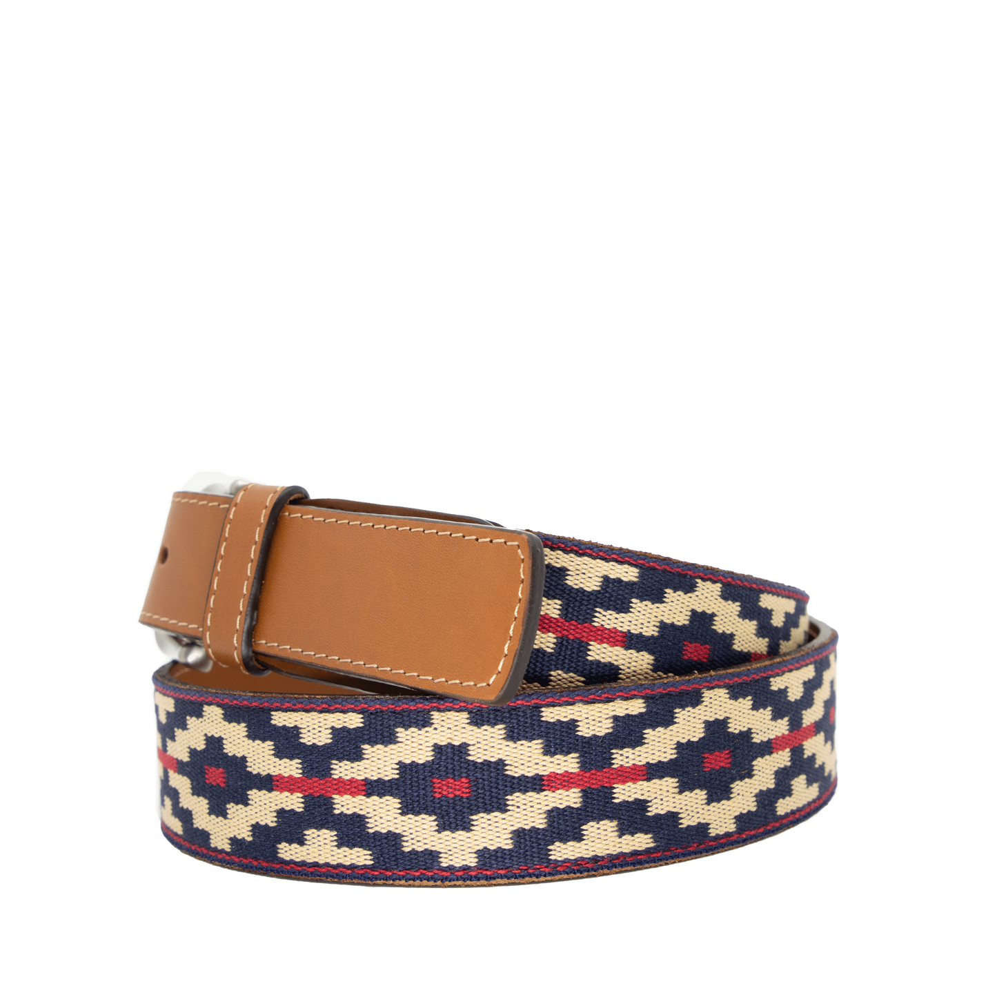 A cognac brown leather belt with a navy, kahki and red woven geometric pattern and solid brass buckle.