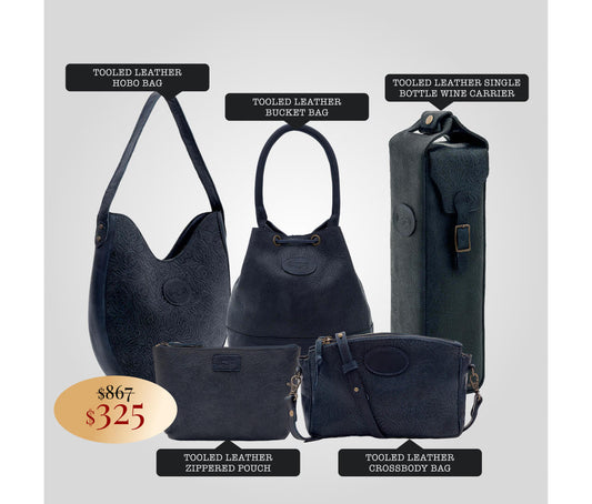 Set of handcrafted tooled leather bags including a hobo bag, bucket bag, wine carrier, pouch, and crossbody bag.