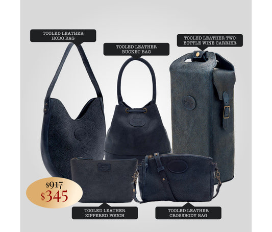 Set of handcrafted tooled leather bags including a hobo bag, bucket bag, wine carrier, pouch, and crossbody bag.